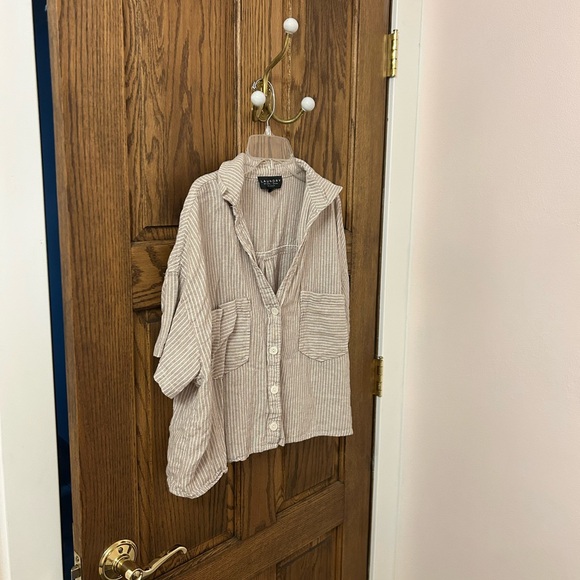 Laundry By Shelli Segal Beige Striped Casual Button Down Shirt Medium - Picture 2 of 9